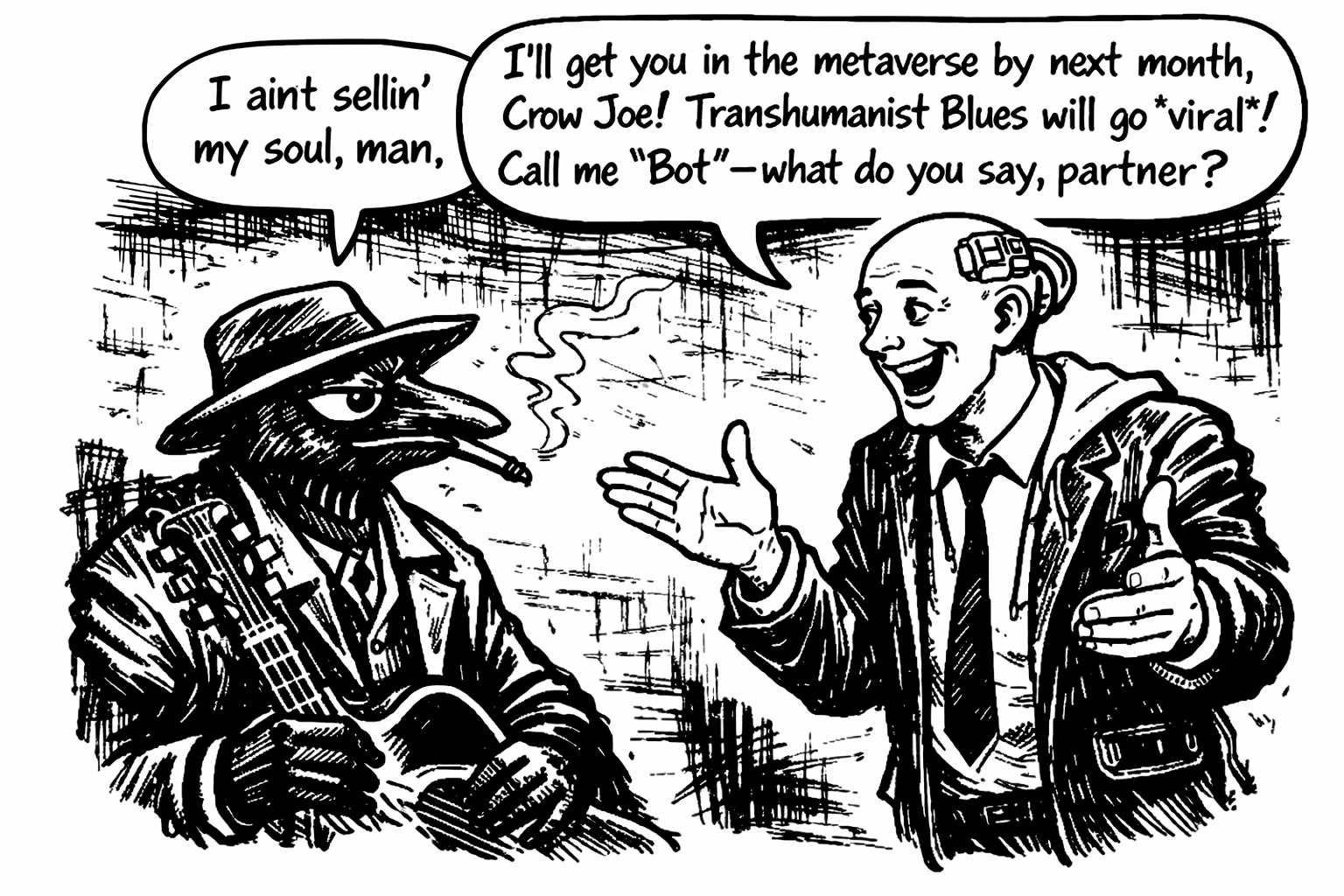 crow joe in the age of ai comic - the transhumanist, techbro technocrat with business suit over hoodie and bald head with visible brain chip has an offer for crow joe the blues playing crow.  the transhumanist hand extended with salesman smile says 'i'll get you in the metaverse by next month crow joe! transhumanist blues will go viral! what do you say partner?' crow joe just responds 'i'm not sellin my soul man' making a deal with the devil is the oldest blues trope